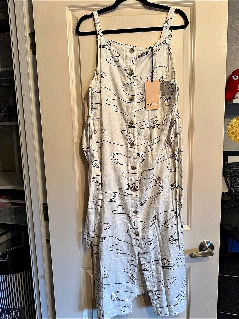 NWTS - Scotch & Soda - Sleeveless Button Front Linen Blend Midi Dress White & Br